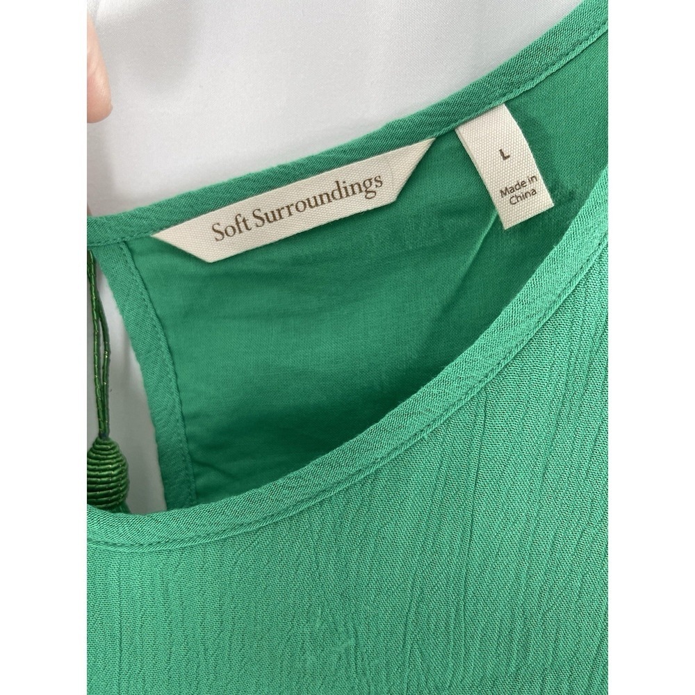 SOFT SURROUNDINGS WOMAN SIZE L GREEN CRINKLED A LINE MIDI DRESS COLD SHOULDER - Picture 5 of 15